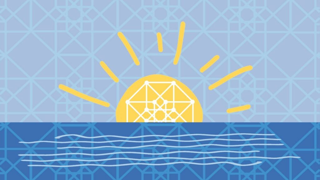 Illustration of summer sun setting over the ocean.