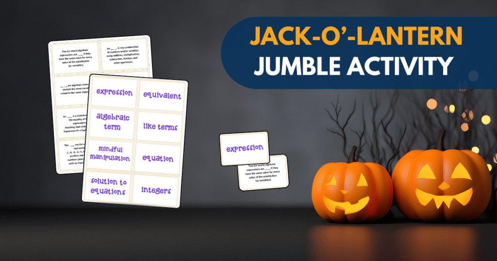 halloween jack o lantern bucket in background with vocabulary flashcards for algebra
